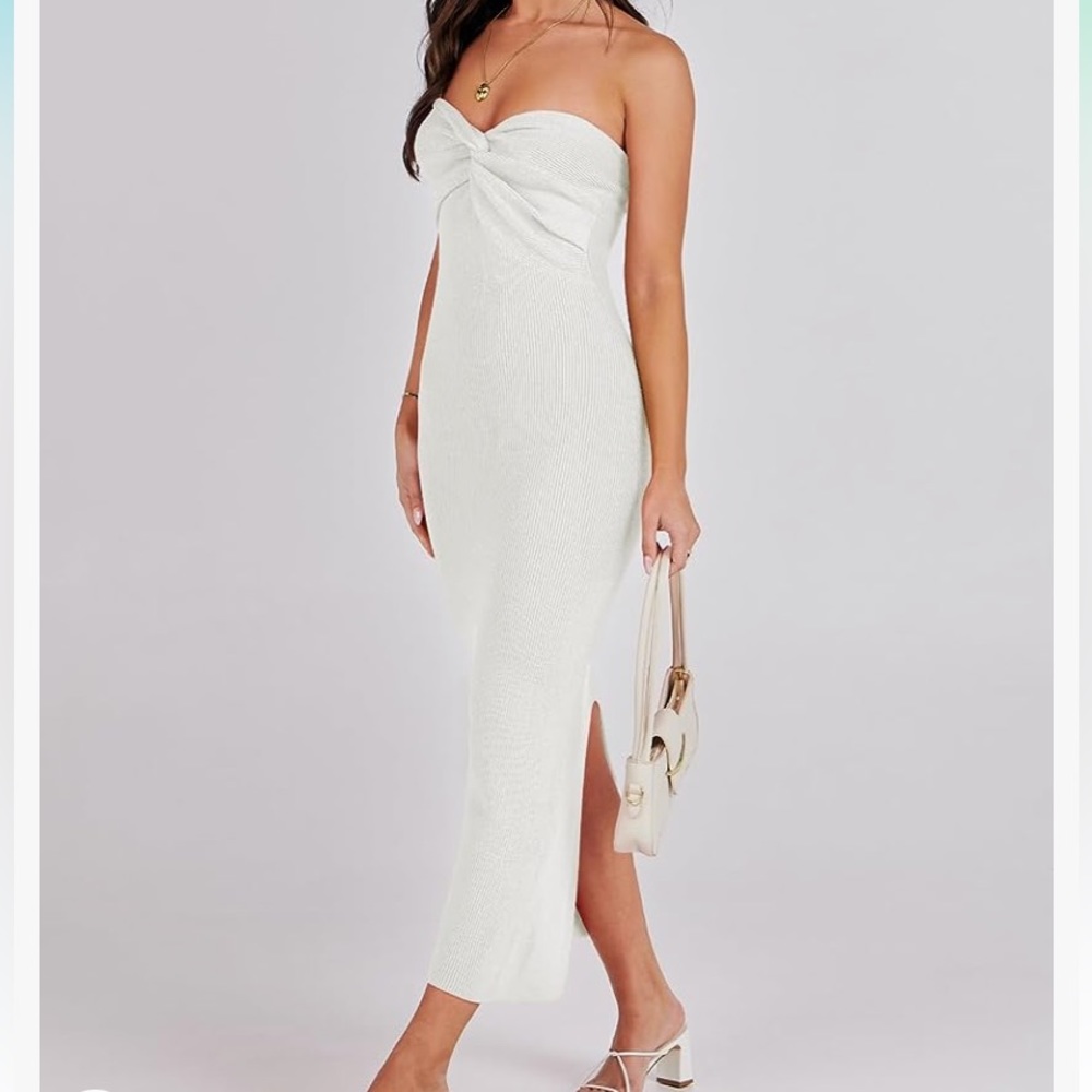 Trendy Women's Ribbed Bodycon Strapless Dress with Twist Knot Front